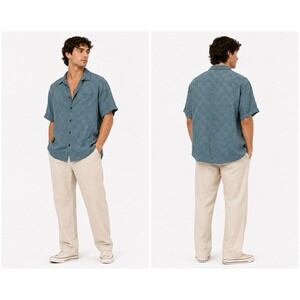 Solitude Button Down Shirt Mens L Blue‎ Jacquard Palm Tree Tropical Camp Beach